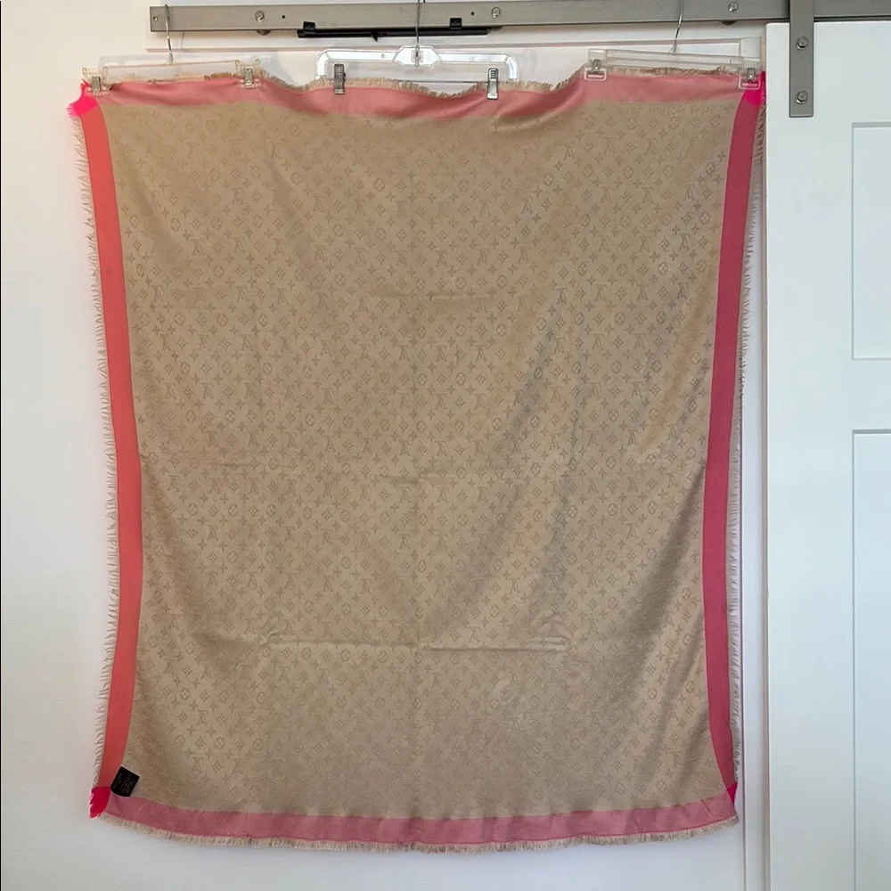 Louis Vuitton Beige Monogram Shawl with Pink and Coral Border - Picture 3 of 7